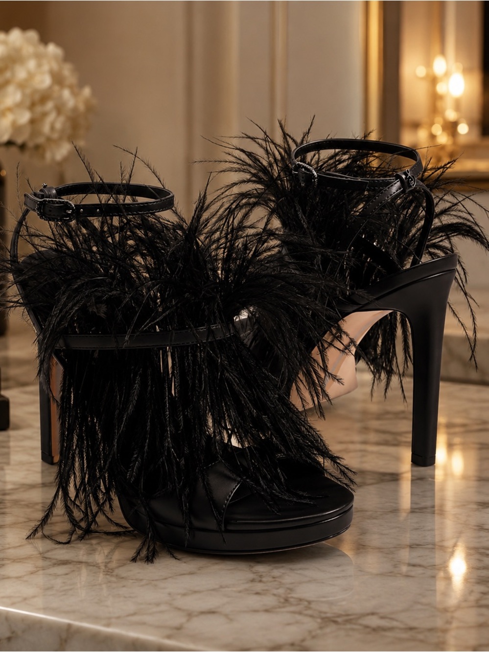 Sam Edelman Jacinta Black Feathered Ankle-Strap Stiletto Glam Luxe Goth Edgy Sz5